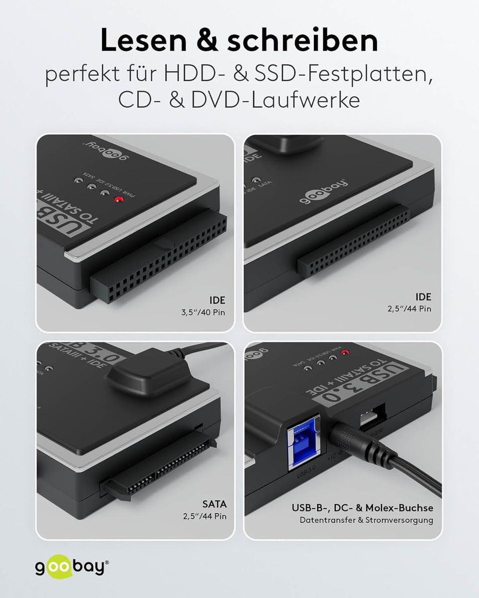 Goobay 72013 SATA & IDE Festplattenadapter USB 3.0, inkl. 12V/2A Netzteil, USB A-B Kabel & Molex, HDD/SSD, EU-Stecker (Typ C)