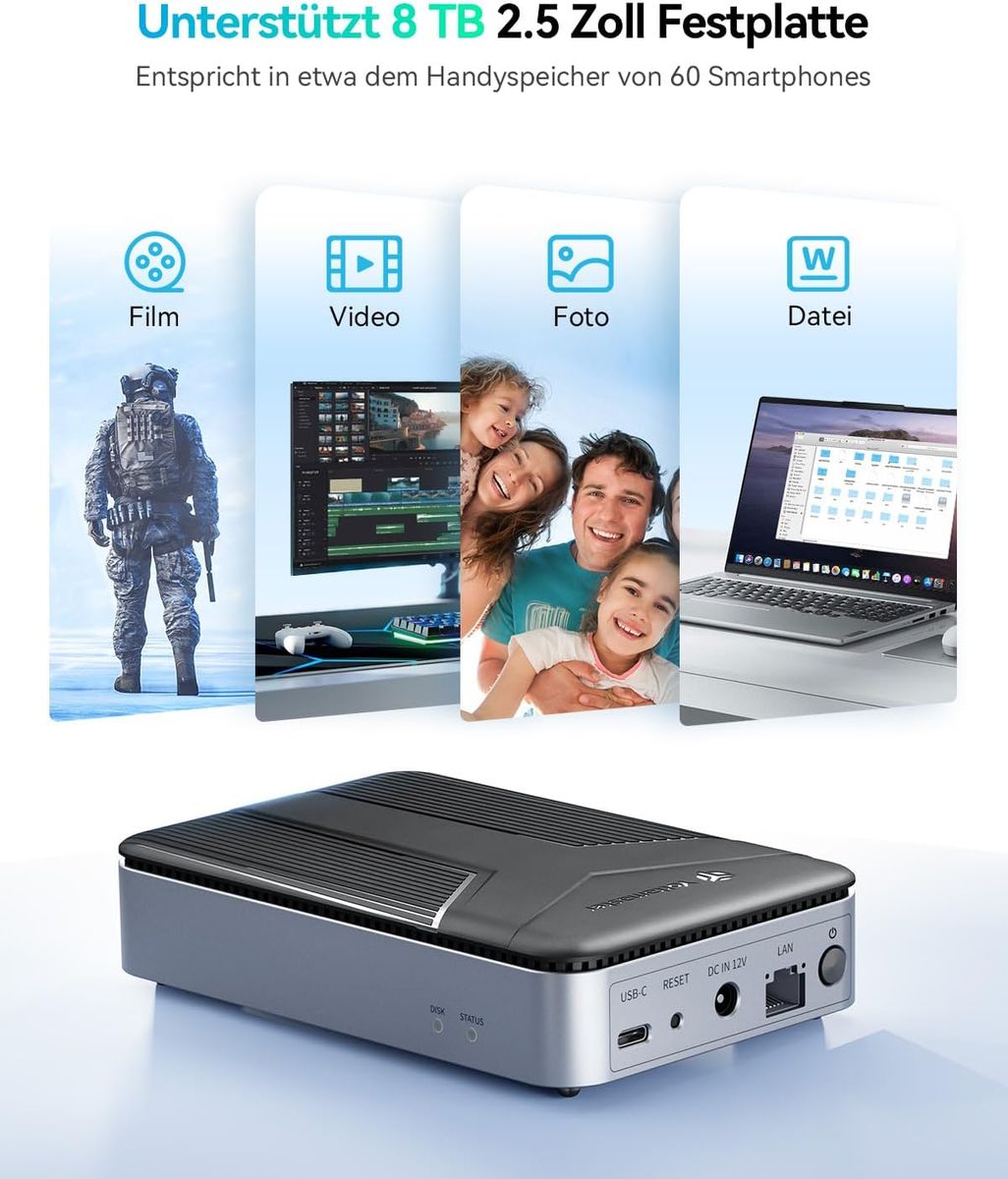 Yottamaster DM1 NAS Gehäuse 2,5 Zoll, Private Cloud, 1 GbE, USB-C 3.2 Gen1, magnetischer Deckel, ohne Festplatte