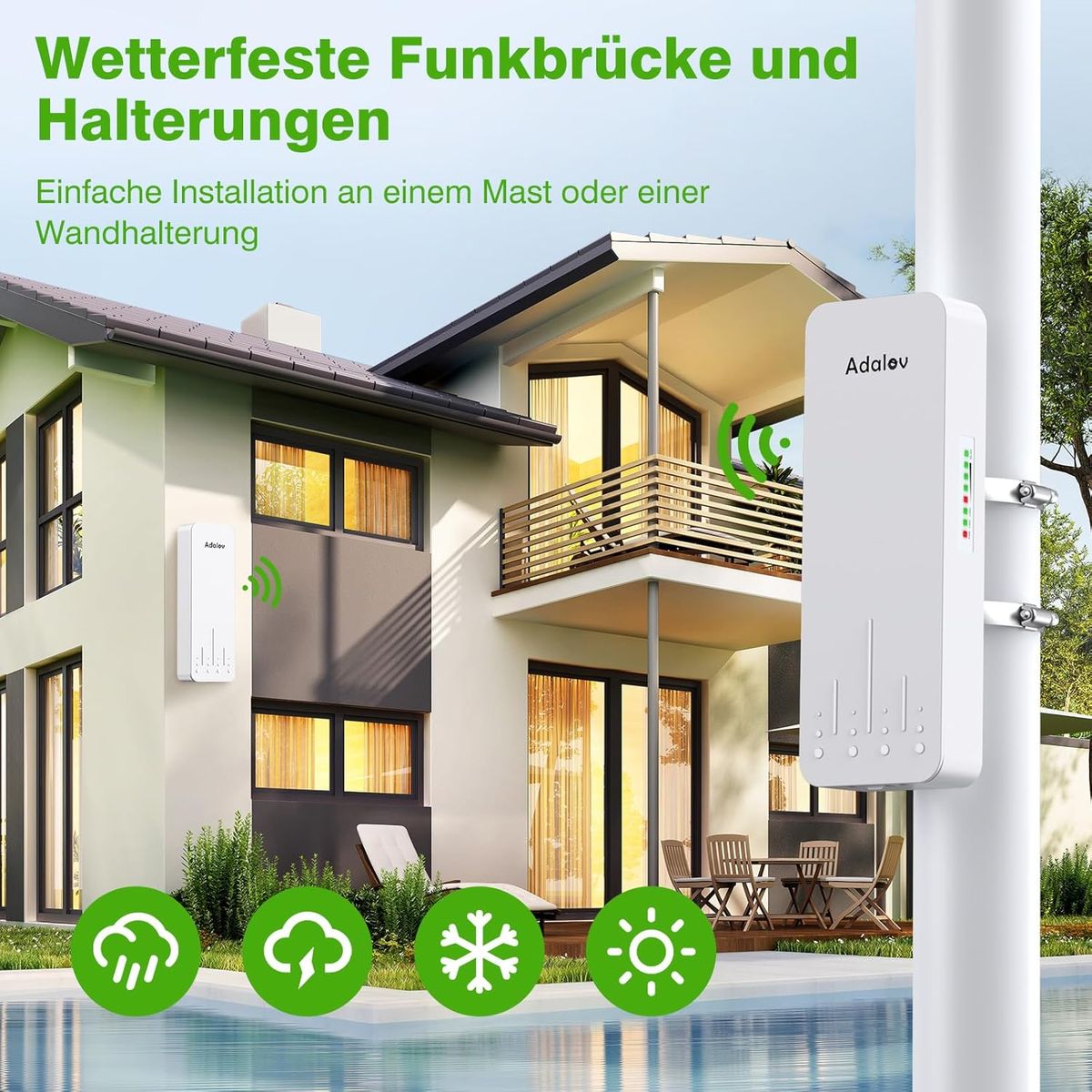 AdaLov CPE660 Outdoor WLAN-Bridge 5.8GHz 14dBi PoE 24/48V 2x RJ45 IP65 3km Reichweite