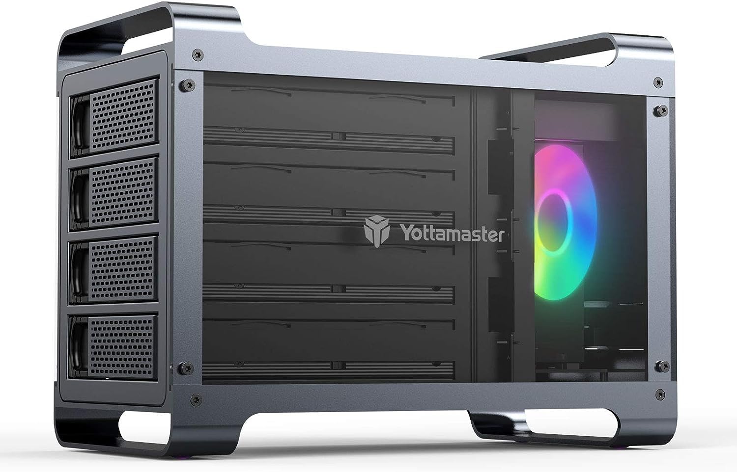 Yottamaster DF4RU3 4-Bay externes HDD-Gehäuse, RAID 0/1/3/5/10/JBOD/PM, USB 3.0, 4x 3,5/2,5 Zoll HDD/SSD, 80 mm leiser RGB-Lüfter, bis 72 TB