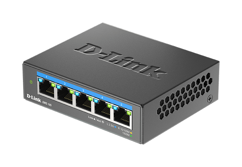 D-Link DMS-105/E 5-Port 2,5G Multi-Gigabit Desktop Switch, Unmanaged L2, Metallgehäuse, lüfterlos, DC 12V Netzteil, QoS, IGMP-Snooping