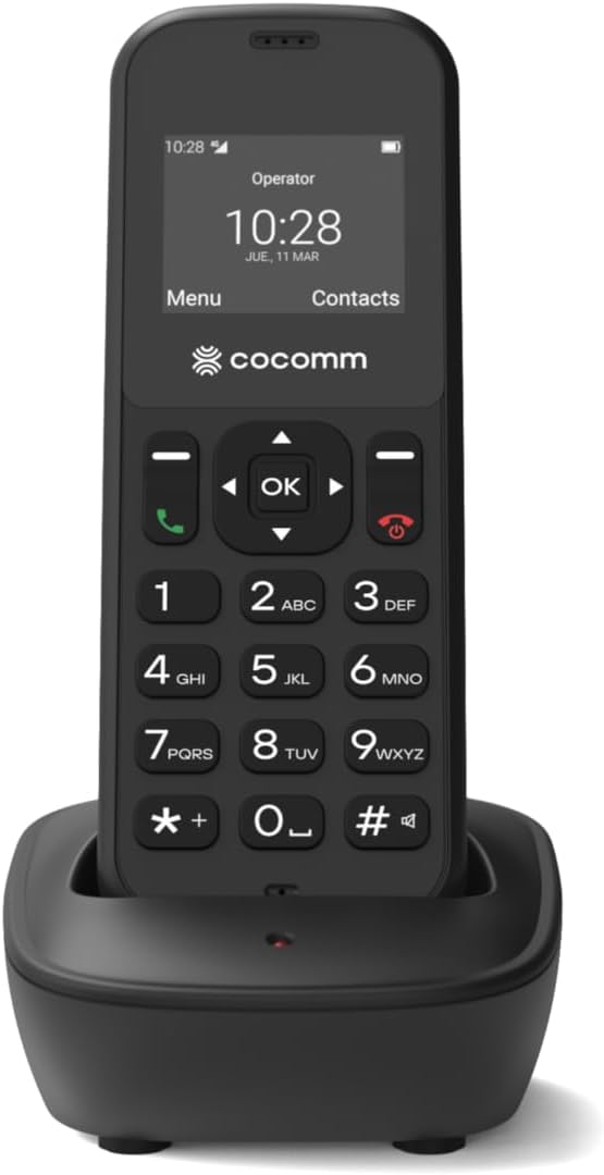 COCOMM DT100 Schnurlostelefon 4G Volte mit SIM und Ladestation, DECT-Format, Bluetooth, für den privaten Gebrauch, professionelle Verwendung, einfach zu bedienen, Schwarz