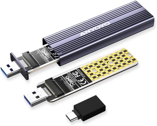 ANYOYO M.2 NVME SATA SSD Gehäuse, USB 3.2 Gen 2 10Gbps Solid State Drive Gehäuse für 2242 2260 2280 M.2 NVME/SATA SSD mit M-Key oder M+B Key (Support UASP, Plug and Play)
