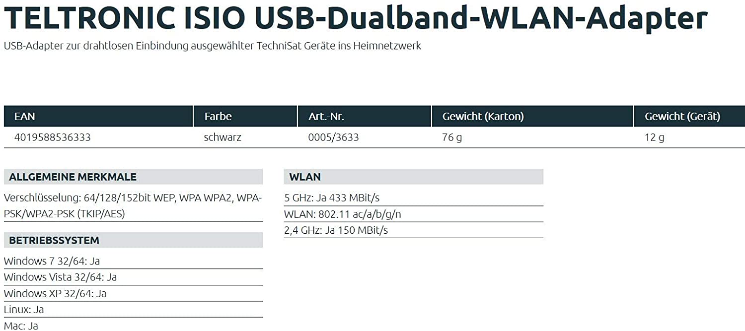 TechniSat TELTRONIC ISIO USB Dual-Band WLAN Adapter (Stick for Wireless Integration of Selected TechniSat ISIO Devices into Home Network) Black Single