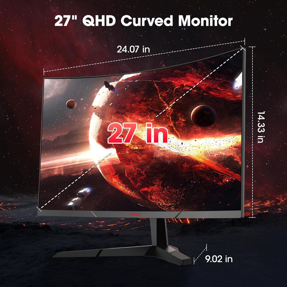 KOORUI Gaming Monitor 27 Zoll, 1500R Fläche Bildschirm 2560X1440 (QHD), 180HZ 1ms Mornitor, DCI-P3 85%, Ultradünne Blende, Einstellbare Neigung, Unterstützt HDMI/DP
