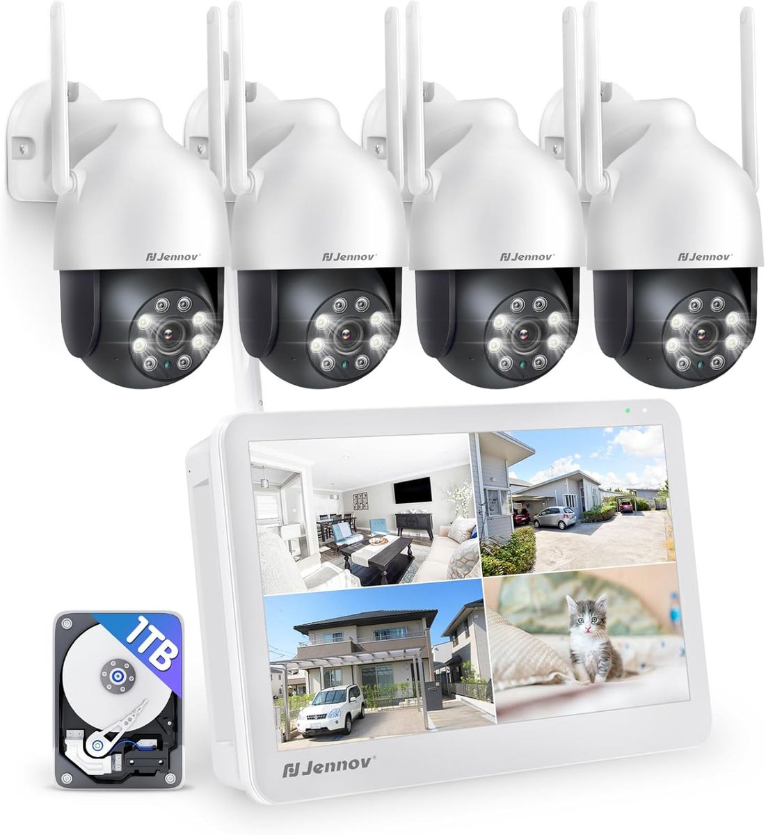Jennov JK7059 4 Kameras 5MP 360° PTZ Außen-Überwachungskamera-Set, 10-Zoll-Monitor, 10CH Wireless NVR, 2-Wege-Audio, Spotlight-Alarm, Farb-Nachtsicht, 1TB HDD