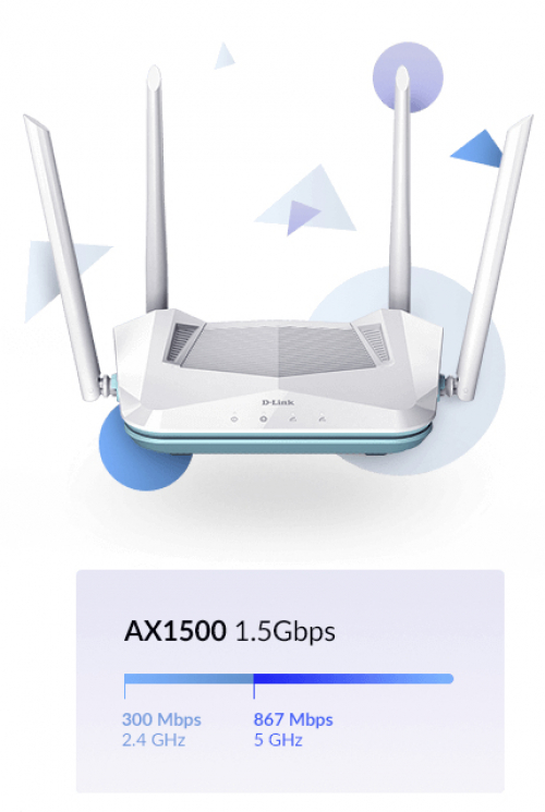 D-Link R15 Eagle PRO AI AX1500 Smart Router AI Wi-Fi/Traffic Optimiser AI Parental Control Gigabit Ports MU-MIMO 1024 QAM OFDMA WPA3 D-Link Wi-Fi Mesh kompatibel Alexa/Gooogle Assistant AX1500 Wi-Fi 6 Ai Router