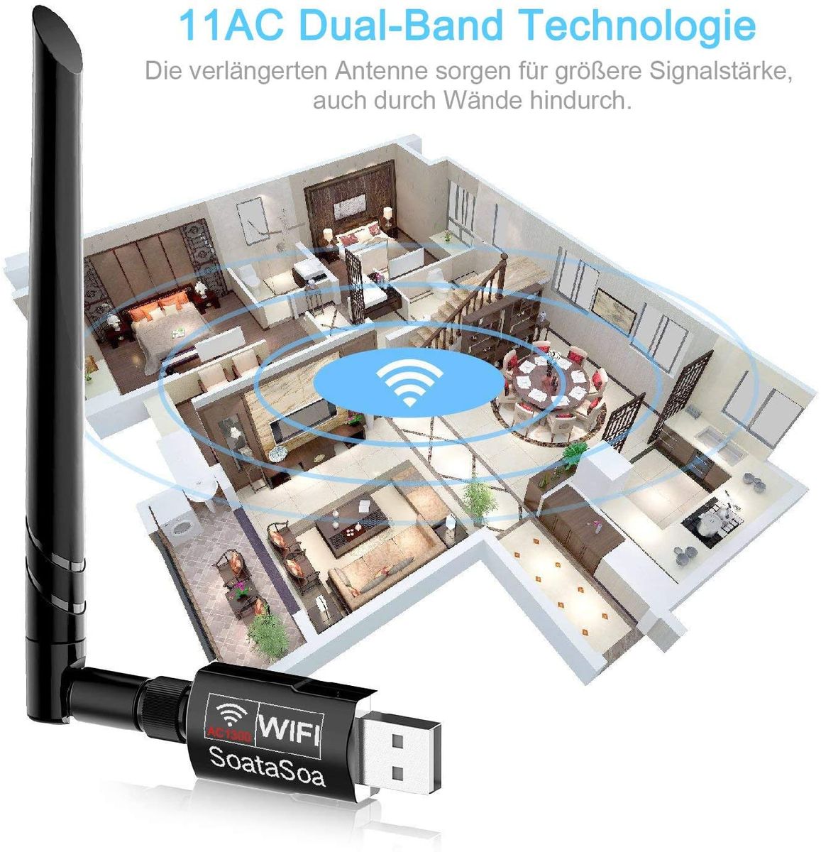 SoataSoa Wlan Adapter 1200Mbit / s (5.8G / 867Mbps + 2.4G / 300Mbps), WiFi Adapter USB 3.0 AC Dual-band Wireless Adapter, USB WiFi Adapter