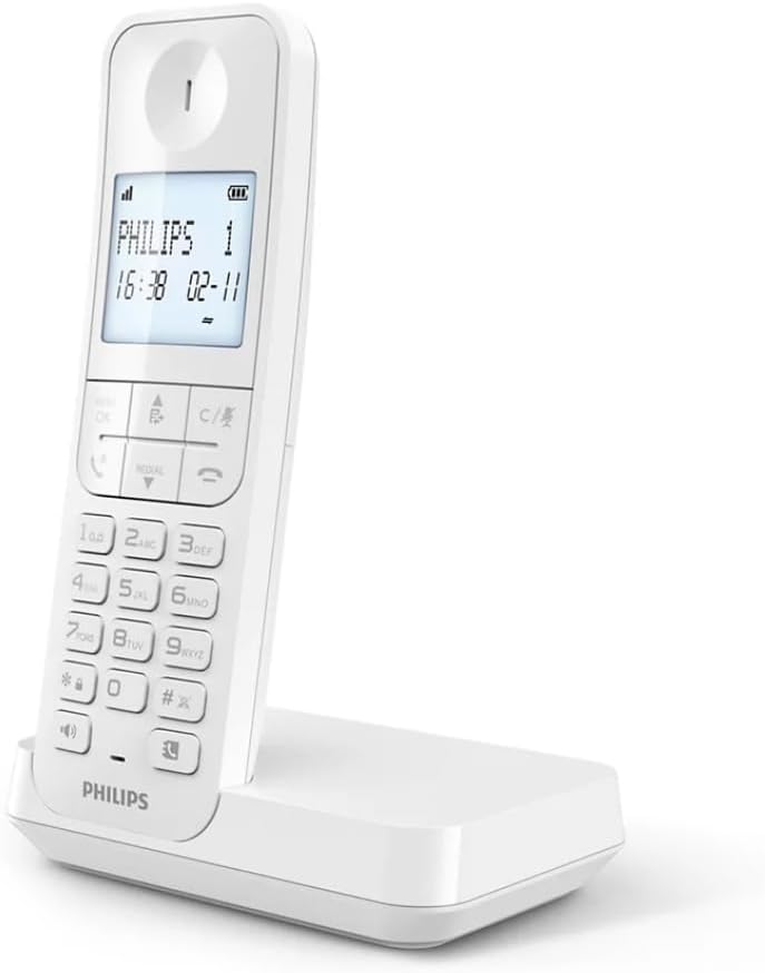 Philips D2701W Schnurloses Festnetztelefon, 11,6 cm (4,6 Zoll), vertikales Mikrofon, Freisprecheinrichtung, bis zu 14 Stunden, optimierte Antenne, Privatsphäre-Einstellungen, Weiß