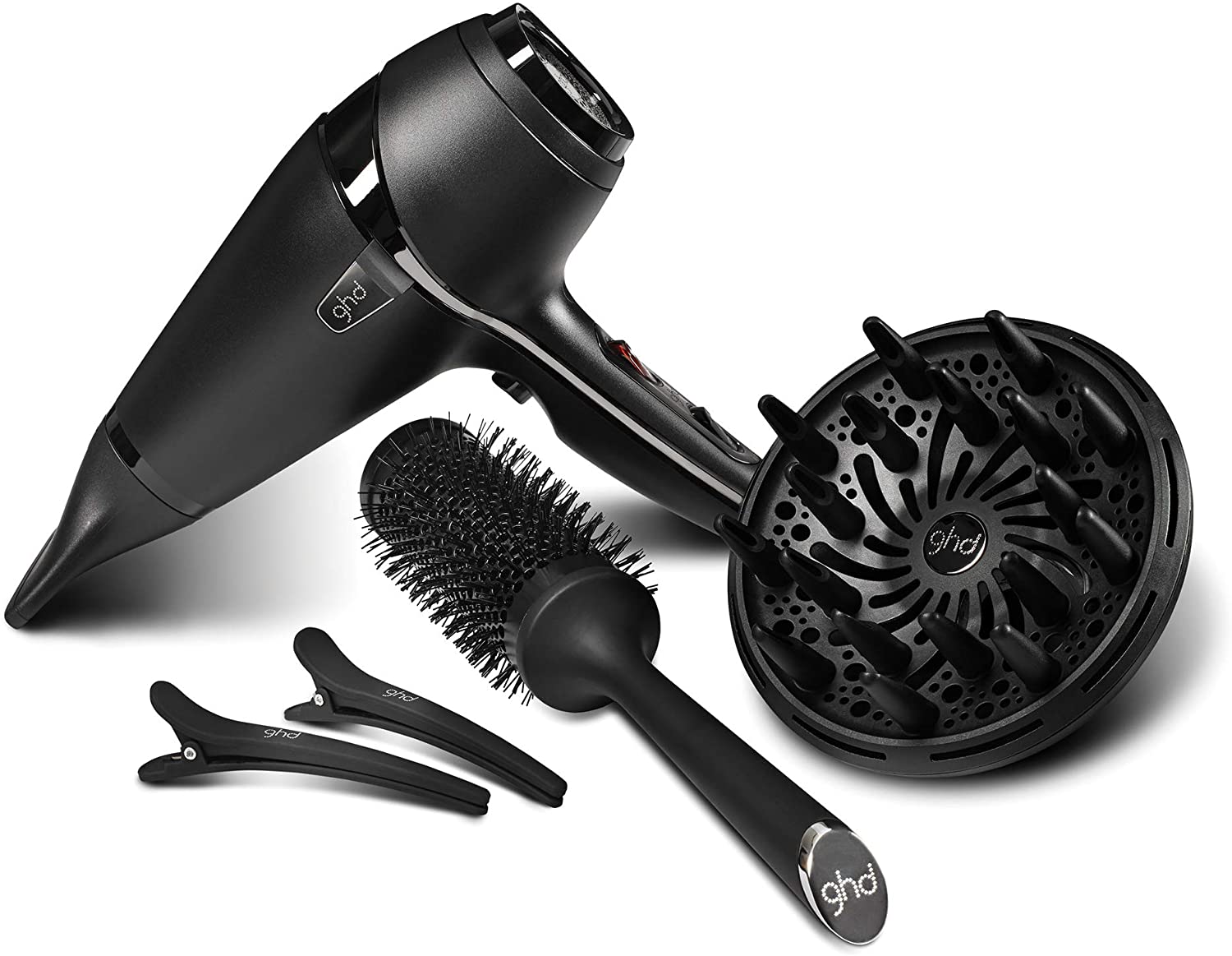 ghd air hair drying kit, professional hair dryer with diffuser, brush, clips and storage bag.