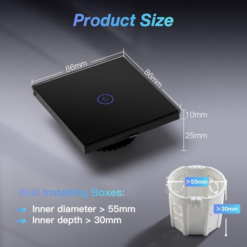 BSEED BSEED.AK3-AT1-GL-M-X WLAN Smart Touch Lichtschalter, Neutralleiter erforderlich, 2,4 GHz WLAN, Glas, Tuya, Alexa & Google Home, 1-fach 1-Weg, Schwarz