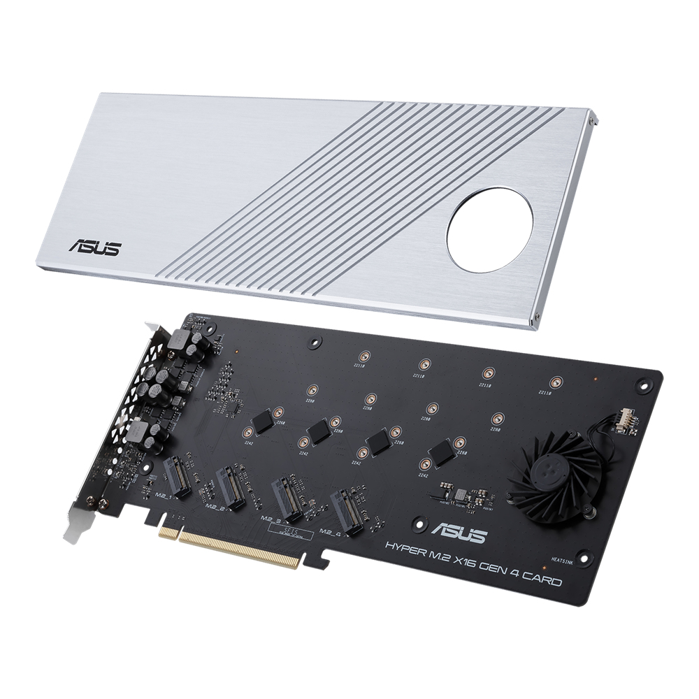 ASUS Hyper M.2 x16 Gen 4 M.2-Adapter PCIe 4.0, Aktivkühlung, 4x M.2-Steckplätze, 256 Gbit/s, Silber, Einbau (90MC08A0-M0EAY0)