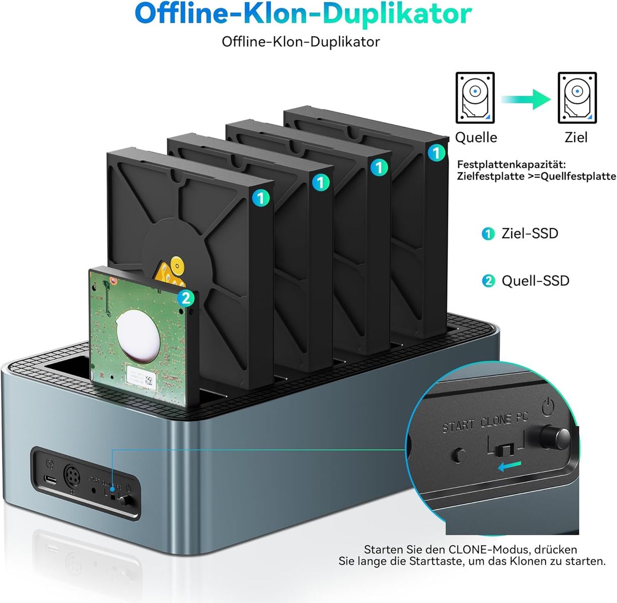 Yottamaster 5 Bay Festplatten-Dockingstation, Offline-Klonen, USB 3.2 Gen1 (5 Gbit/s) Typ-C, SATA SSD/HDD 2,5/3,5 Zoll, bis 5×18TB, Aluminium, inkl. 12V 6,5A Netzteil (EU)