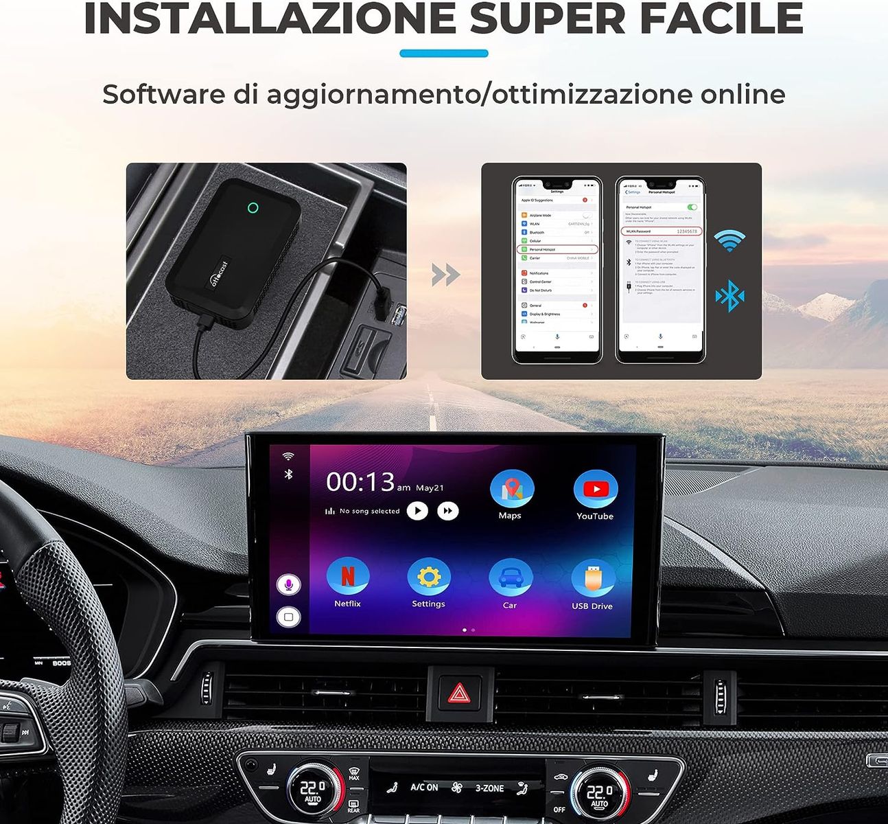 OTTOCAST CarPlay AI Box Wireless Adapter Plug & Play, Adapter unterstützt Viele Google Play Apps, OTTOCAST Android 9.0 System, Unterstützt Auch Split Screen Mirroring (Modelljahr: 2016-2021)