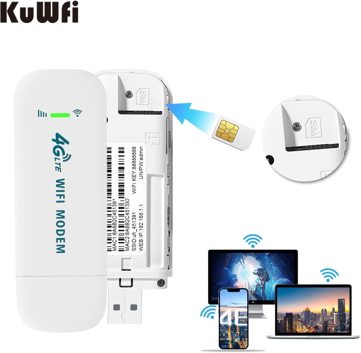 KuWFi Mobiler WLAN-Adapter mit SIM Karte,150Mbps USB Modem Stick 4G LTE Adapter, USB WiFi Hotspot 4G LTE Surfstick Unterstützung B1/B3/B7/B8/B20,tragbarer WLAN-Hotspot kann 8-10 Benutzer, LD933