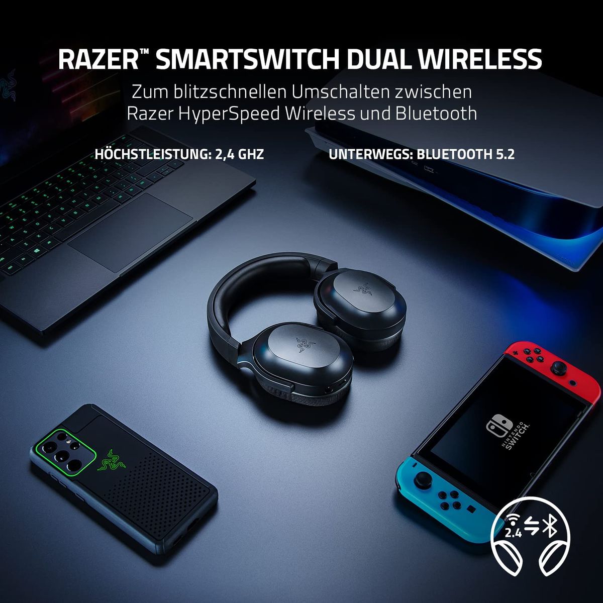 Razer Barracuda X Gaming & Mobile Headset Dual Wireless + 3.5mm Virtual 7.1 Surround-Sound Multi-Plattform Black