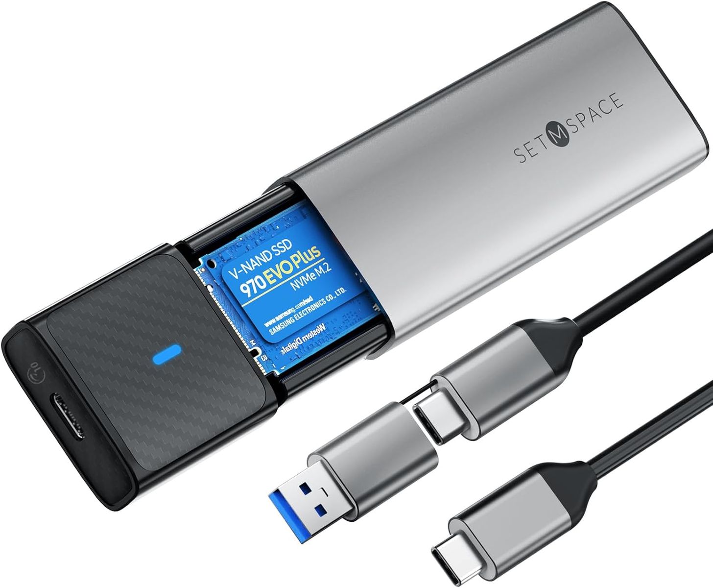 SETMSPACE NVME/SATA SSD Enclosure, M.2 SSD Gehäuse für M-Key & B&M-Key, 2-in-1 Kabel USB 3.2 Gen2 10 Gbps PD 60W, Aluminium Grau, 2280/2260/2242/2230