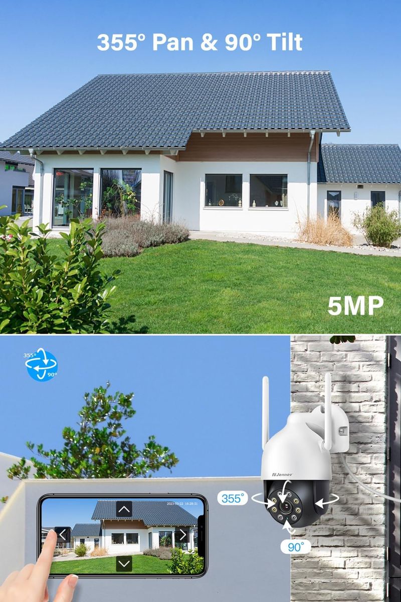 Jennov JK7059 4 Kameras 5MP 360° PTZ Außen-Überwachungskamera-Set, 10-Zoll-Monitor, 10CH Wireless NVR, 2-Wege-Audio, Spotlight-Alarm, Farb-Nachtsicht, 1TB HDD