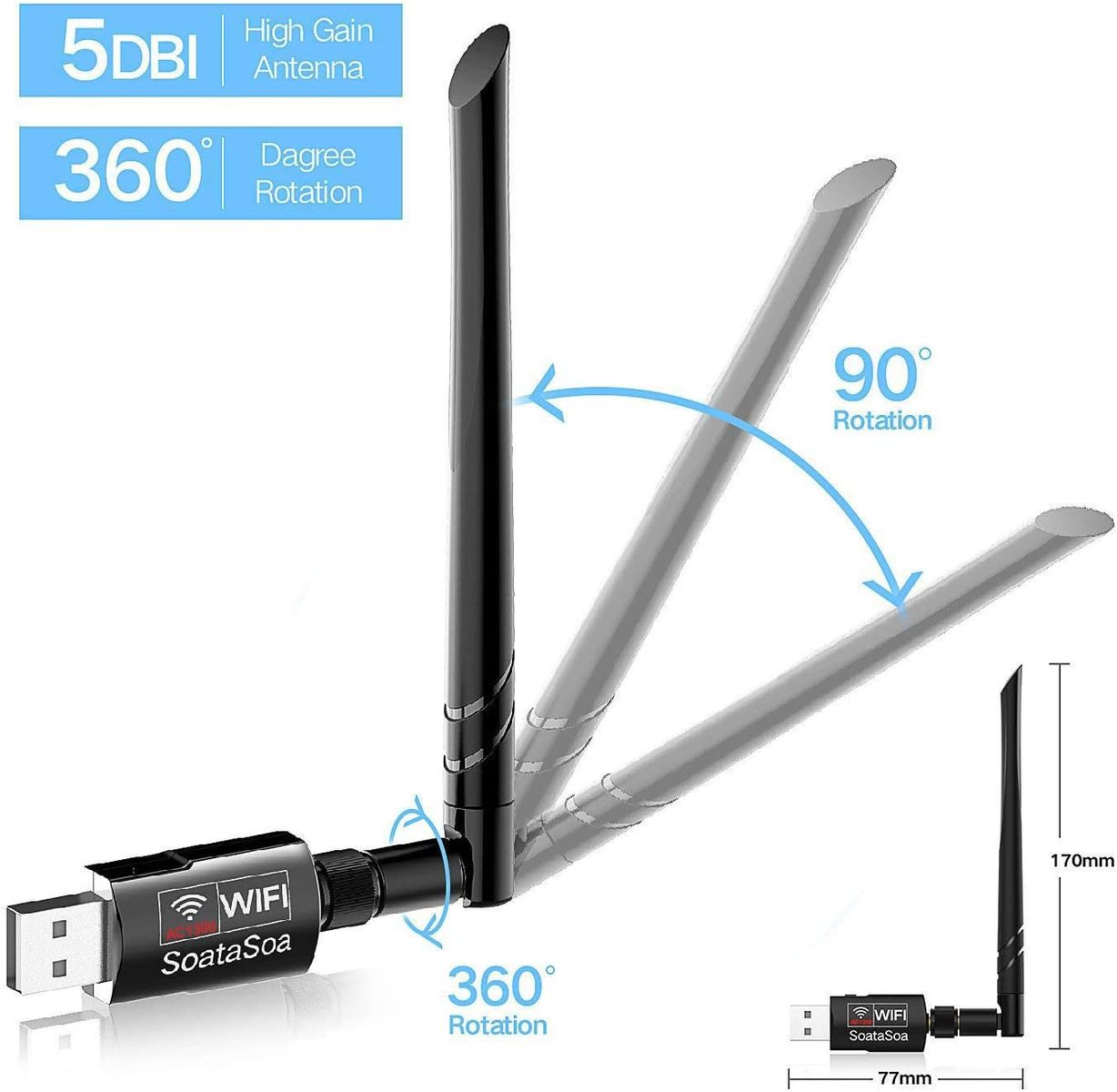 SoataSoa Wlan Adapter 1200Mbit / s (5.8G / 867Mbps + 2.4G / 300Mbps), WiFi Adapter USB 3.0 AC Dual-band Wireless Adapter, USB WiFi Adapter