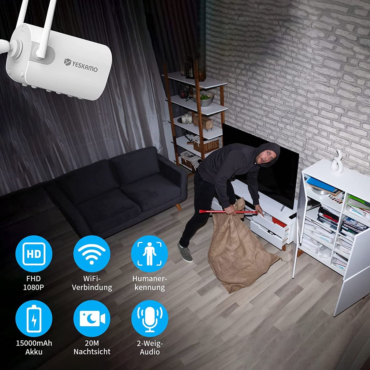 YESKAMO Überwachungskamera Aussen mit AKKU 10400mAh IP Kamera mit Solarpanel WLAN 1080P Camera für Heimüberwachung Zwei Wege Audio,Wasserdicht,Nachtsicht