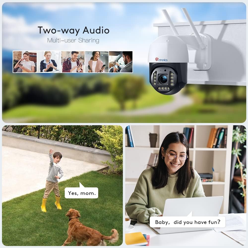 ctronics 4K 8MP Überwachungskamera Aussen WLAN, 2,4GHz/5GHz Dualband WiFi PTZ IP Kamera Outdoor mit Personen-/Fahrzeugerkennung, Automatische Verfolgung, 355°/90° Schwenkbar, Farbnachtsicht, IP66 Weiß