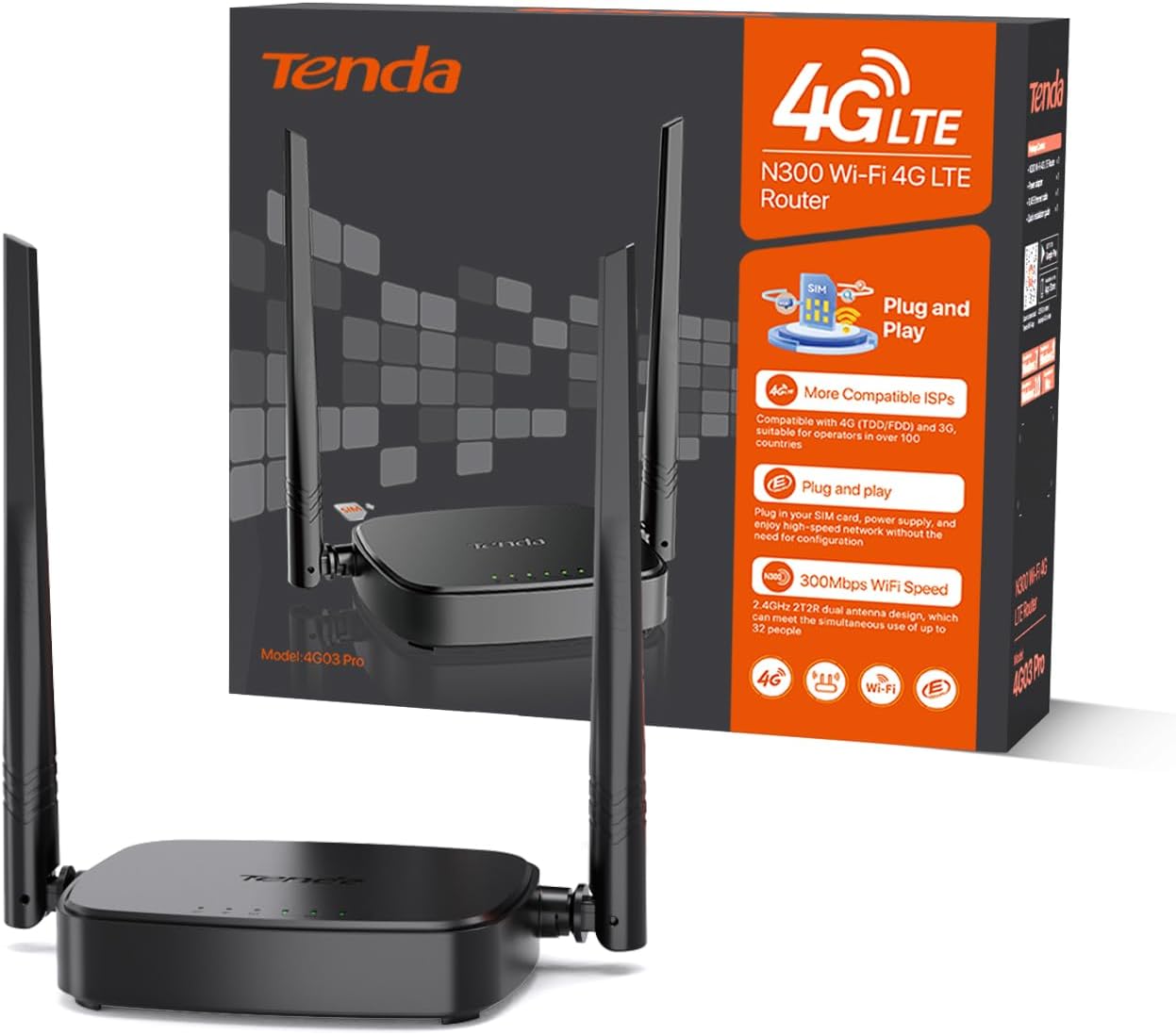 Tenda 4G03 Pro 4G LTE Router, WLAN Router für Nano-SIM-Karten (N300 CAT4, 150 Mbit/s im Download, 300 Mbit/s 2,4GHz) 2*4dBi Antennen, Plug & Play, Fast-Ethernet-Port, App, Router Modus, LED, Schwarz 4G03 Pro|Wi-Fi N300 CAT4 Tenda 4G03 Pro 4G LTE Router, WLAN Router für Nano-SIM-Karten (N300 CAT4, 150 Mbit/s im Download, 300 Mbit/s 2,4GHz) 2*4dBi Antennen, Plug & Play, Fast-Ethernet-Port, App, Router Modus, LED, Schwarz 4G03 Pro|Wi-Fi N300 CAT4