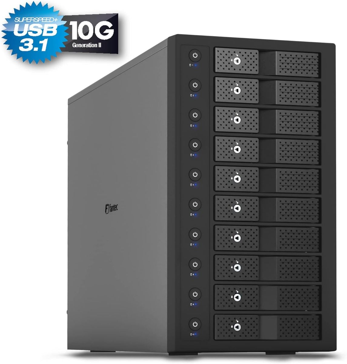 FANTEC 10-Fach Festplattengehäuse USB-C 3.1 Gen2 10G für den Einbau von 10x 3,5/2,5 Zoll SATA I/II/III HDDs/SSDs. Trägerlos, einzeln EIN/ausschalten, verriegelbar, 2X USB Kabel. Metallgehäuse schwarz