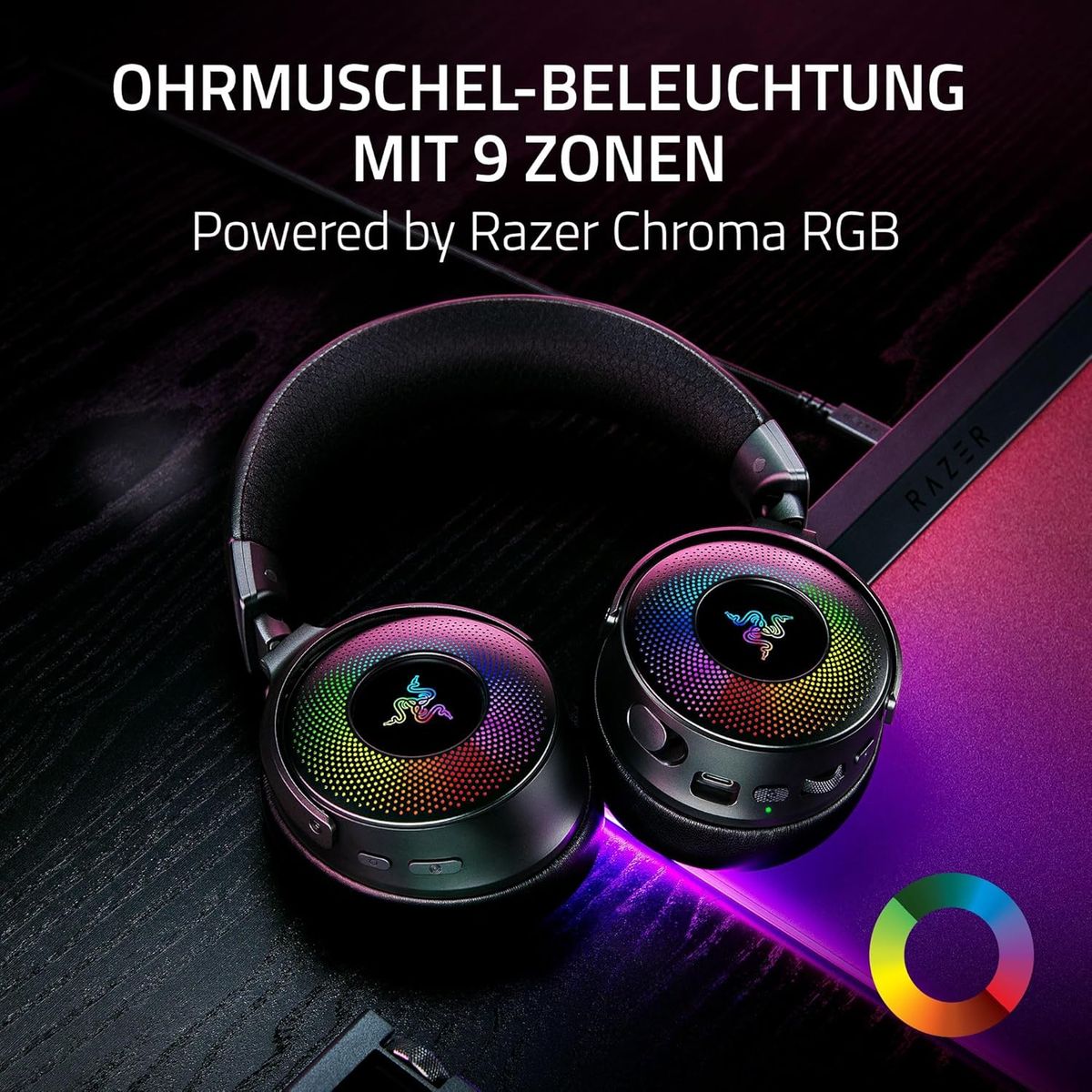 Razer Kraken V4 Pro - Kabelloses Gaming-Headset mit Control Hub Sensa HD-Haptik (OLED-Control-Hub, Triforce 40mm Treiber, HyperSpeed & Bluetooth, THX Spatial Audio, RGB) Schwarz