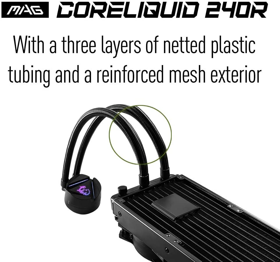 MSI MAG CORELIQUID 240R AIO CPU Wasserkühlung, drehbarer ARGB-Blockkopf, integrierte Kühlerpumpe, Split-Flow-Wasserkühlung, verdampfungssichere Schläuche, einfache Montage, AMD & Intel kompatibel 240 mm / 2 Lüfter R-Series