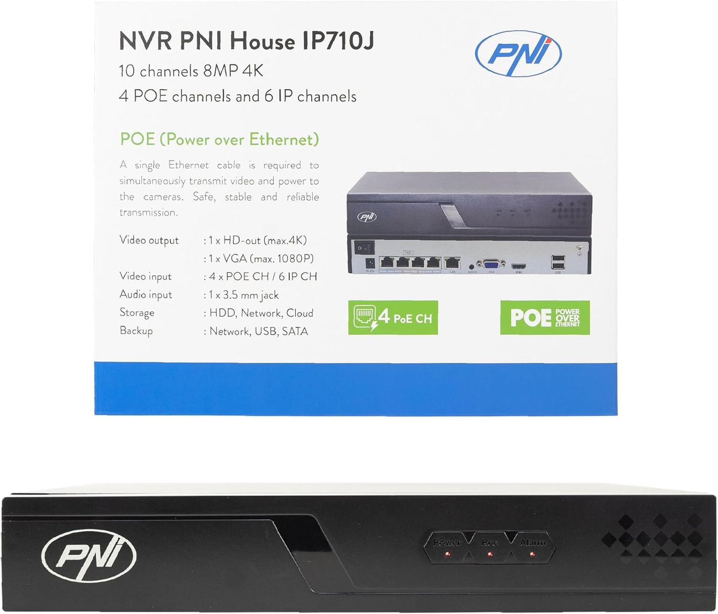 PNI IP710J NVR PoE, 10 Kanäle, 4K/8MP, 4 PoE-Ports, 6 IP-Kanäle, H.265AI/H.265+, ONVIF, Schwarz