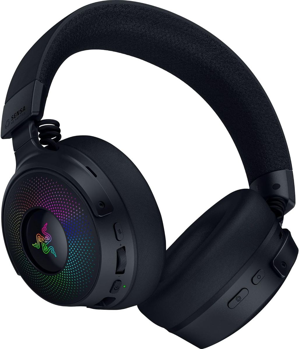 Razer Kraken V4 Pro - Kabelloses Gaming-Headset mit Control Hub Sensa HD-Haptik (OLED-Control-Hub, Triforce 40mm Treiber, HyperSpeed & Bluetooth, THX Spatial Audio, RGB) Schwarz
