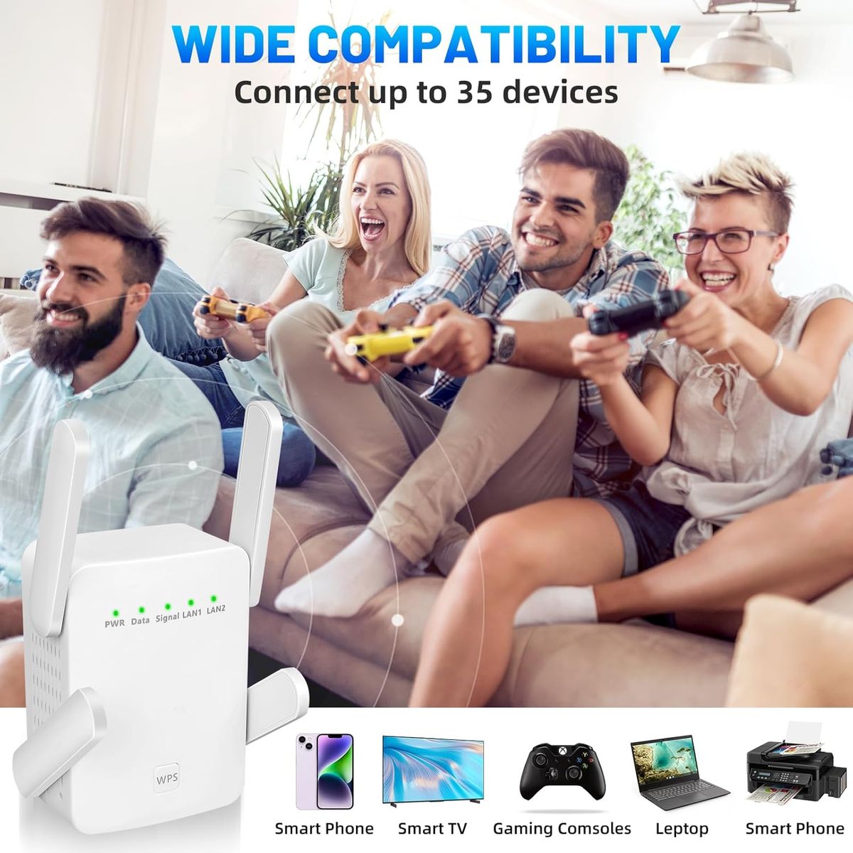 GOOPOOL YJJ-ZJQ-00 WLAN Repeater Dualband 1200 Mbit/s (2,4 & 5,8 GHz), 4x2 dBi Antennen, WPS, WLAN Extender, Weiß, EU Stecker