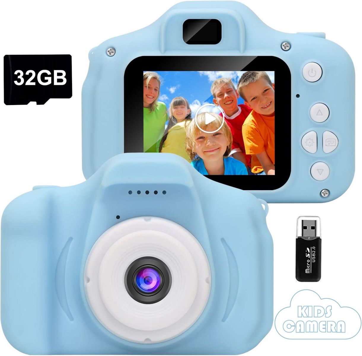 GlobalCrown Kinder Kamera,Mini wiederaufladbare Kinder Digitalkamera Stoßfeste Video Camcorder Geschenke für 3-8 Jahre Jungen Mädchen,8MP HD Video 2 Zoll Bildschirm für Kinder (32 GB Karte enthalten) Blau