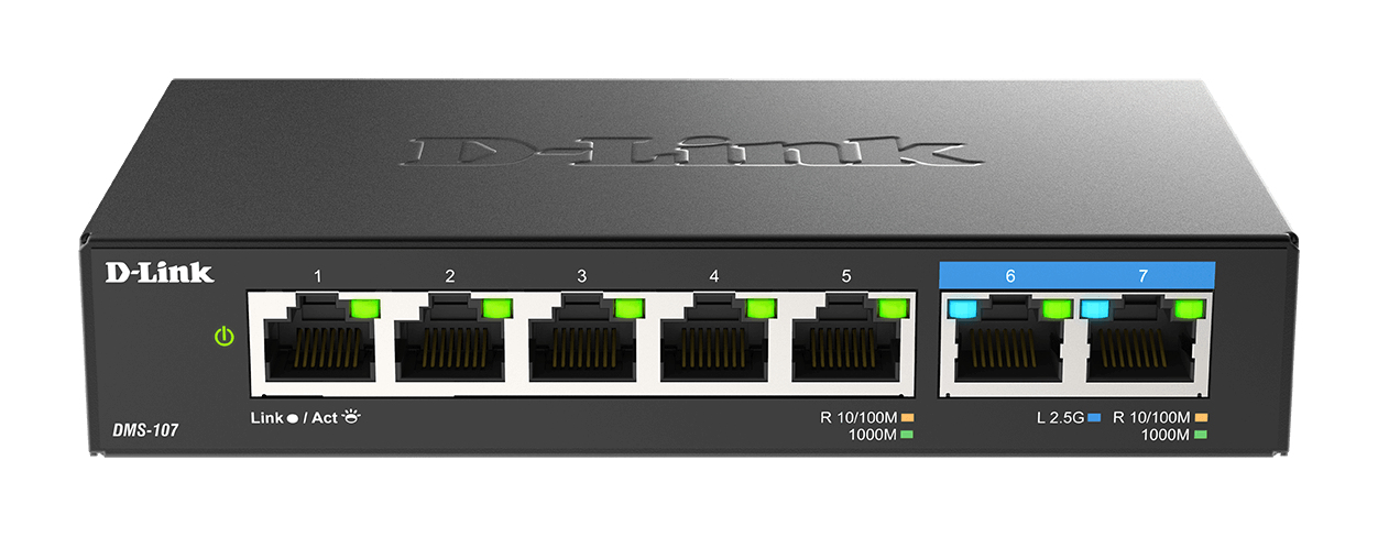 D-Link DMS-107/E 7-Port Multi-Gigabit Unmanaged Switch (2x 2,5G und 5x 1G Ports, lüfterlos, Low Profile, kompaktes Metallgehäuse, QoS, Plug and Play) 7 Ports| 5x 1G| 2x 2,5G
