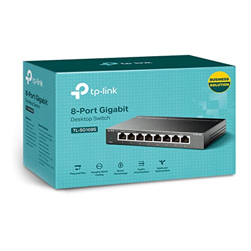 TP-Link TL-SG108S(UN) V1.0 Omada 8-Port Gigabit Desktop-Switch, Unmanaged, 8x 10/100/1000 Mbit/s, DC-Netzteil, energieeffizient, schwarz
