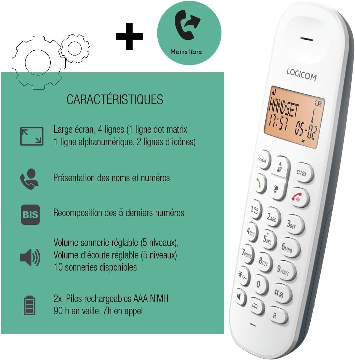 Logicom ILOA 150 Schnurloses Festnetztelefon ohne Anrufbeantworter – Solo – analoge und dect-Telefone – Schiefer