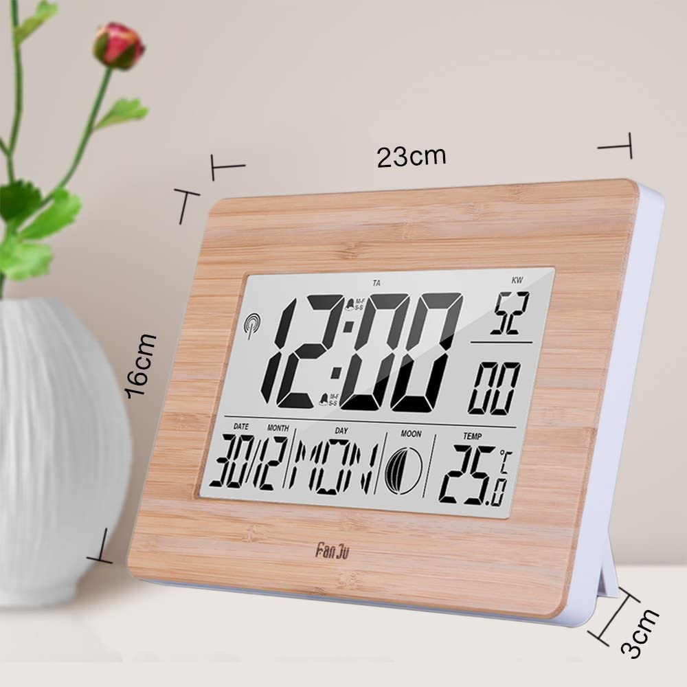 FanJu FJ3530 Digital Wecker Funk Batteriebetriebener Groß Tischuhr mit Extra Großem Display | Innentemperatur | Mondphase | Schlummerfunktion | Calendar Wecker für Zu Hause.
