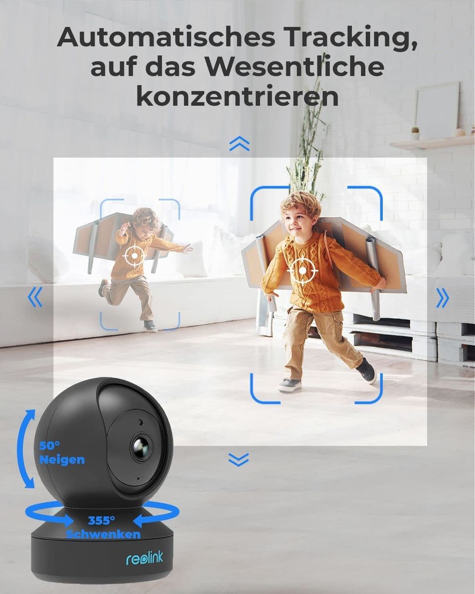 Reolink WLAN Überwachungskamera Innen 4MP, Schwenkbare IP-Kamera Indoor mit Auto-Tracking, Personen-/Haustiererkennung, 2,4/5GHz WiFi, 2-Wege-Audio, IR-Nachtsicht, SD-Kartenslot, E1 Pro Schwarz