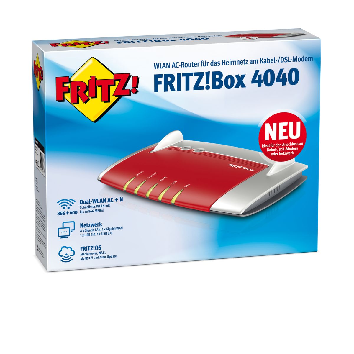 Avm FRITZ!Box 4040 Dual-band (2.4 GHz / 5 GHz) Gigabit Ethernet Rot Silber - Plug-Type F (EU)