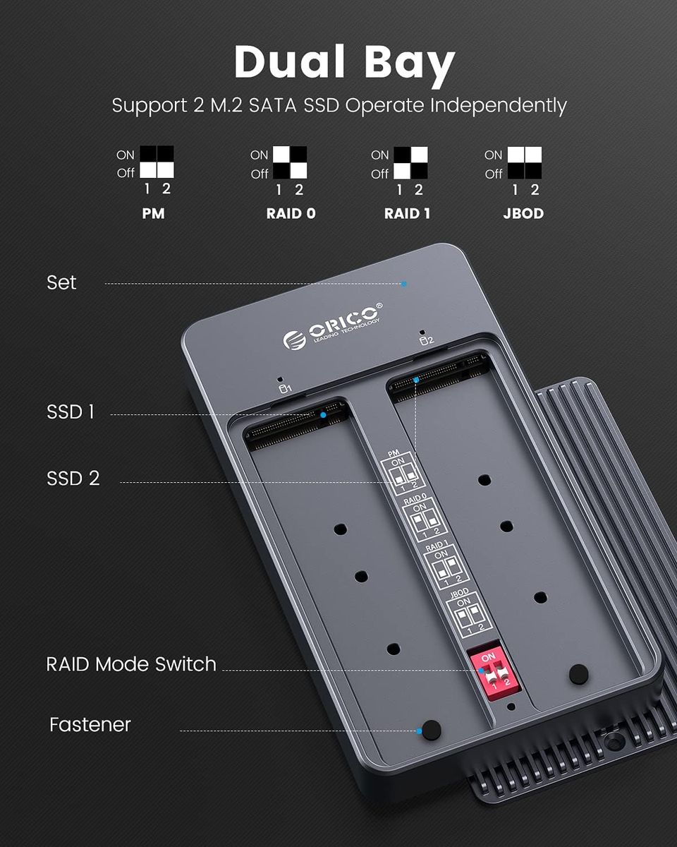 ORICO RAID M.2 SSD Gehäuse M2 SATA Dual-Bay mit PM/Raid0/Raid1/JBOD,USB3.1 Gen2 USB-C 10Gbps NGFF Sata Adapter Festplattengehäuse für B-Key/B+M Key SSD 2230/2242/2260/2280,Unterstützt kein NVMe-M2N210