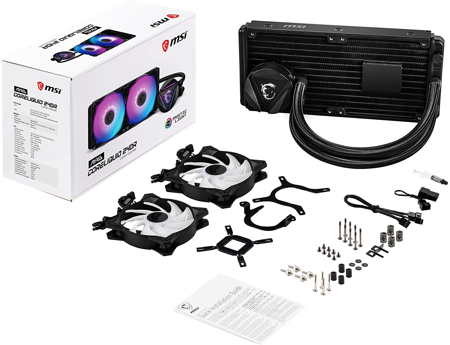 MSI MAG CORELIQUID 240R AIO CPU Wasserkühlung, drehbarer ARGB-Blockkopf, integrierte Kühlerpumpe, Split-Flow-Wasserkühlung, verdampfungssichere Schläuche, einfache Montage, AMD & Intel kompatibel 240 mm / 2 Lüfter R-Series