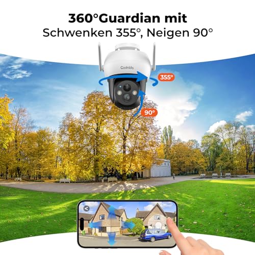 Codnida Q02 Außen Überwachungskamera Akku Solar, Kabellos WLAN PTZ 360° Schwenk-Neige, 2K Farbnachtsicht, PIR-Bewegungserkennung, 2-Wege-Audio, SD/Cloud