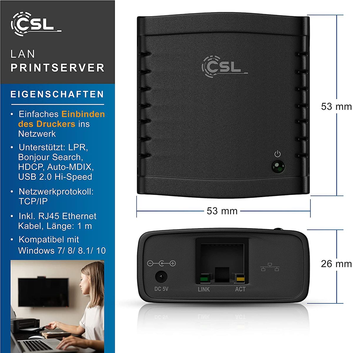 CSL LAN Printserver Druckerserver - Fast Ethernet - USB2.0 High Speed - LRP Print Server für Windows – Netzwerk USB zu RJ45 - DHCP fähig, TCP/IP – inkl. Netzteil und Ethernetkabel – Neues Modell