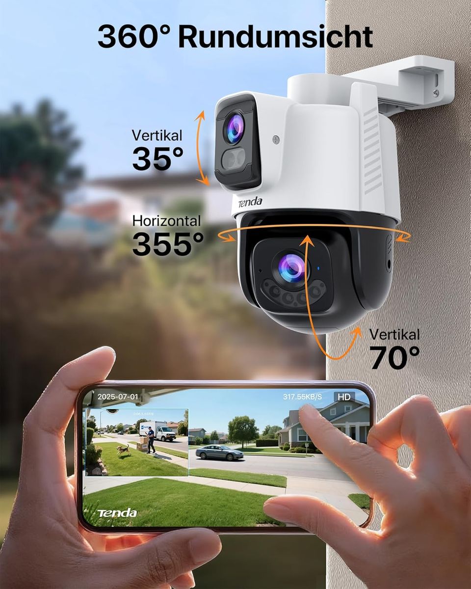 Tenda DE-CH9 Außenkamera Dual-Objektiv 3MP+3MP (6MP) KI-Fahrzeugerkennung Farb-Nachtsicht 2K 30m Zwei-Wege-Audio IP65 Wi‑Fi 6 MicroSD bis 512GB