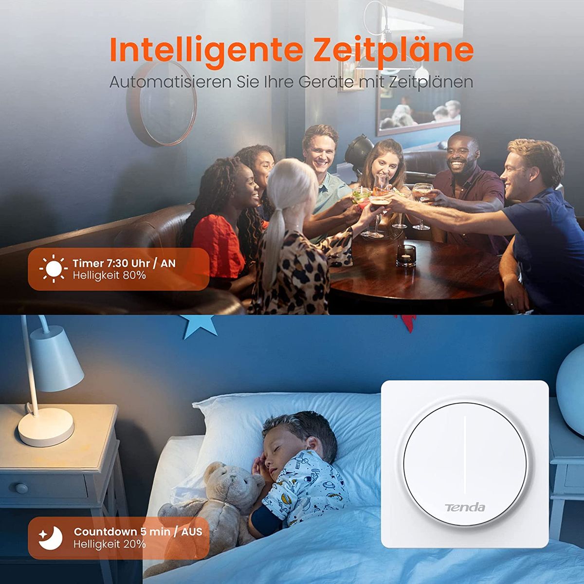 Tenda SS9 Smart Dimmer Lichtschalter- Intelligenter WLAN Lichtschalter mit Touch Panel and Timer, APP/Voice Control, kompatible mit Alexa and Google, Wandschalter, einpolig, benötigt Neutralleiter SS9 dimmbar