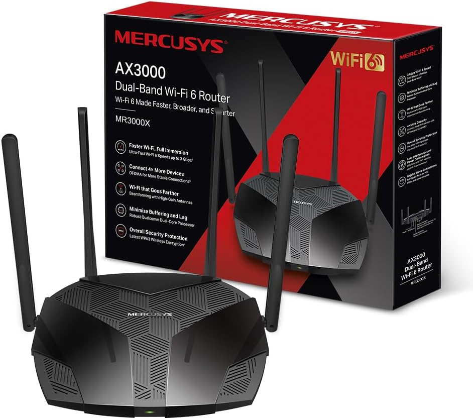 Mercusys MR3000X WLAN-Router 6 3000Mbps, Dual-Band-Router, 4 RJ45 Gigabit-Ports, 4 Antennen 5dBi, MU-MIMO, WPA3, intelligente Verbindung, Kindersicherung, BSS Color Technologie