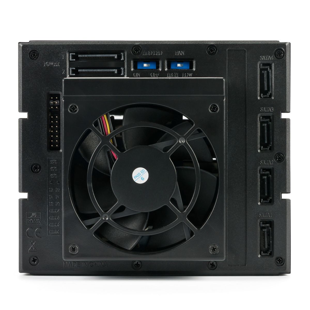 FANTEC 2192 BP-T3141 SAS I,II + SATA I,II,III backplane for 4X 3.5/2.5 HDD/SSD in a 3X 5.25 bay. With a 80mm fan at the back. Aluminum case and front in black.