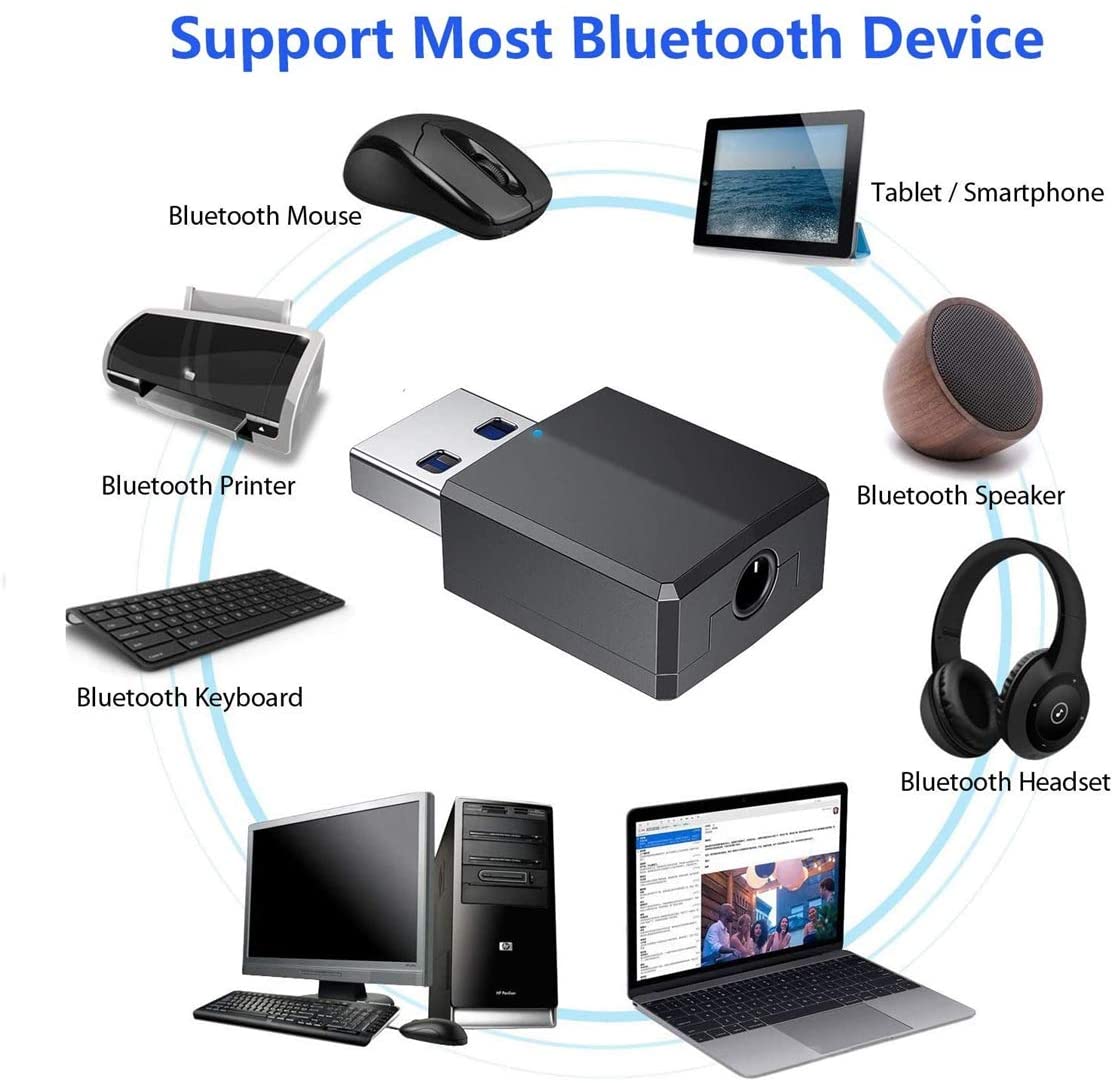RMFC Bluetooth Adapter, Bluetooth 5.0 Audio Sender Empfänger 2-in-1 USB Adapter mit 3,5 mm Digital Audio Kabel, Bluetooth USB Dongle Adapter für PC/Heim/Kopfhörer/TV