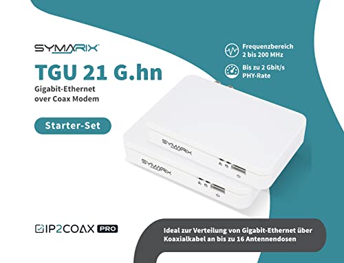 SYMARIX TGU 21 G.hn Ethernet-over-Coax Modem Starter-Set, G.hn Wave-2, bis 2 Gbit/s, Gigabit-Ethernet über Koaxialkabel, 2x LAN, AES-128, inkl. Netzteile & LAN-Kabel
