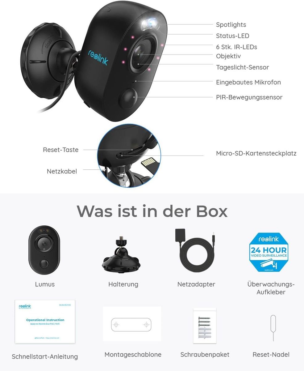 Reolink Lumus Schwarz WLAN Kamera Outdoor mit Licht Spotlight, 1080P Überwachungskamera Aussen mit 2-Wege-Audio, Bewegungserkennung + PIR, Micro SD-Kartenslot, Sirene